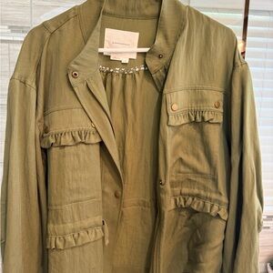 Anthropologie Olive Utility Jacket with Ruffle Accents